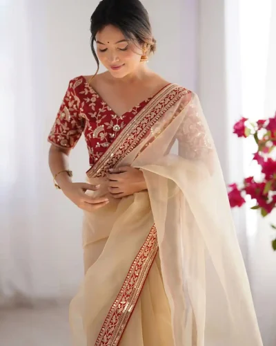 Party wear organza saree Elegant designer organza saree Organza saree for wedding Lightweight organza saree Festive organza saree collection